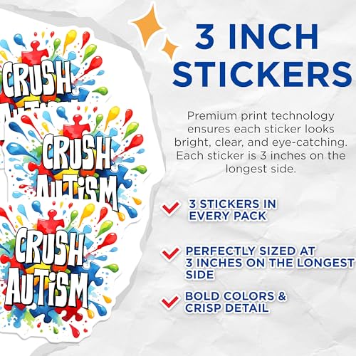 (3 Pack) Crush Autism Decals - Autism Awareness - Puzzle Piece Decals - 3 Inches On Longest Side - Easy Peel & Apply - Made in USA - 3MCS6896