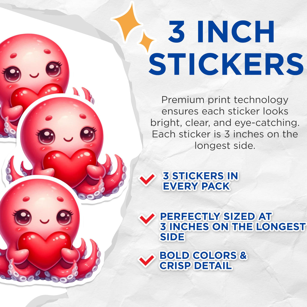 (3 Pack) Octopus Decals - Cute Kawaii - Heart Graphic - Laptop Decal - 3 Inches On Longest Side - Easy Peel & Apply - Made in USA - 3MCS2433