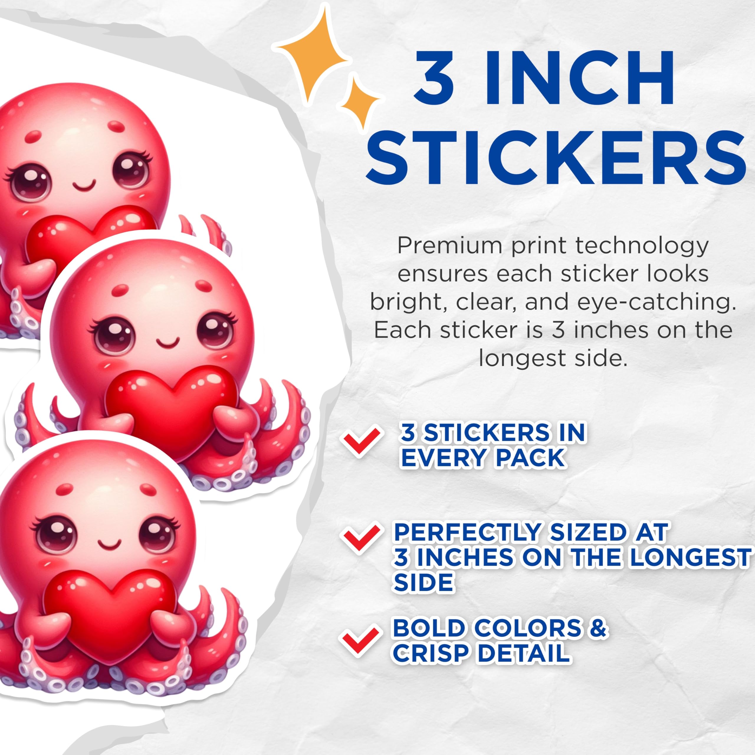 (3 Pack) Octopus Decals - Cute Kawaii - Heart Graphic - Laptop Decal - 3 Inches On Longest Side - Easy Peel & Apply - Made in USA - 3MCS2433