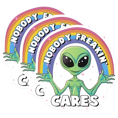 (3 Pack) Alien Decals - Funny Rainbow - Nobody Cares - Laptop Decal - 3 Inches On Longest Side - Easy Peel & Apply - Made in USA - 3MCS6529