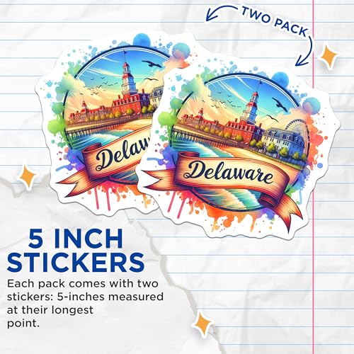 (2 Pack) Delaware Travel Stickers - Souvenir Decal - State Pride - 5" On Longest Side - Sticks to Smooth Flat Surfaces - Made in USA - BMCS6829