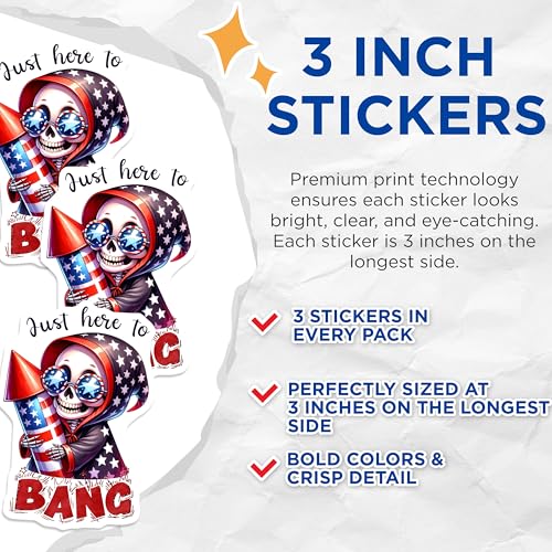 (3 Pack) Patriotic Skeleton Decals - July 4th Decor - Funny Bang Decal - 3 Inches On Longest Side - Easy Peel & Apply - Made in USA - 3MCS6687