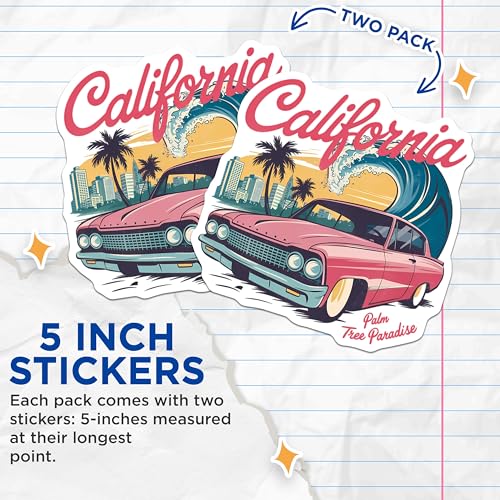 (2 Pack) California Surf Stickers - Vintage Car - Palm Tree Paradise - 5" On Longest Side - Sticks to Smooth Flat Surfaces - Made in USA - BMCS9574