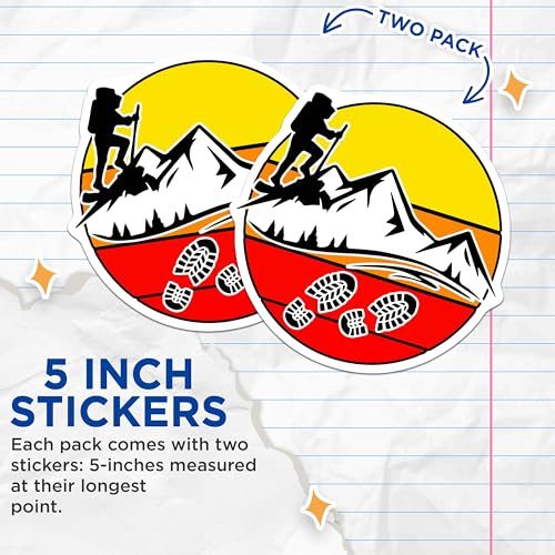 (2 Pack) Hiker Mountain Adventure Stickers - Outdoor Enthusiast Decal - Hiking Sticker for Water Bottles and Laptops - 5" On Longest Side - Sticks to Smooth Flat Surfaces - Made in USA - BMCS5737
