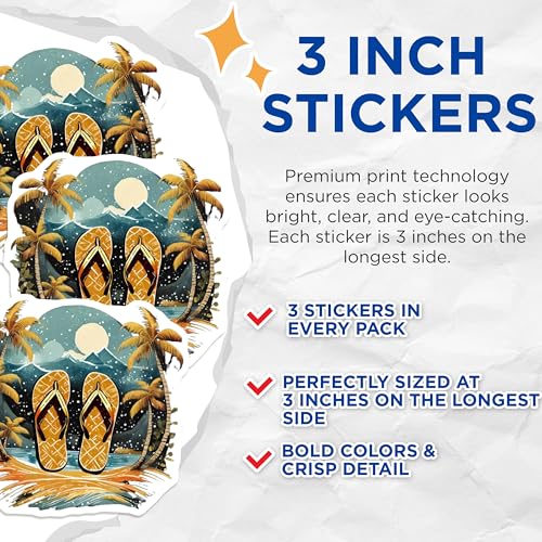 (3 Pack) Beach Flip Flops Decals - Summer Vacation Art - Tropical Sandal Stickers - 3 Inches On Longest Side - Easy Peel & Apply - Made in USA - 3MCS8088