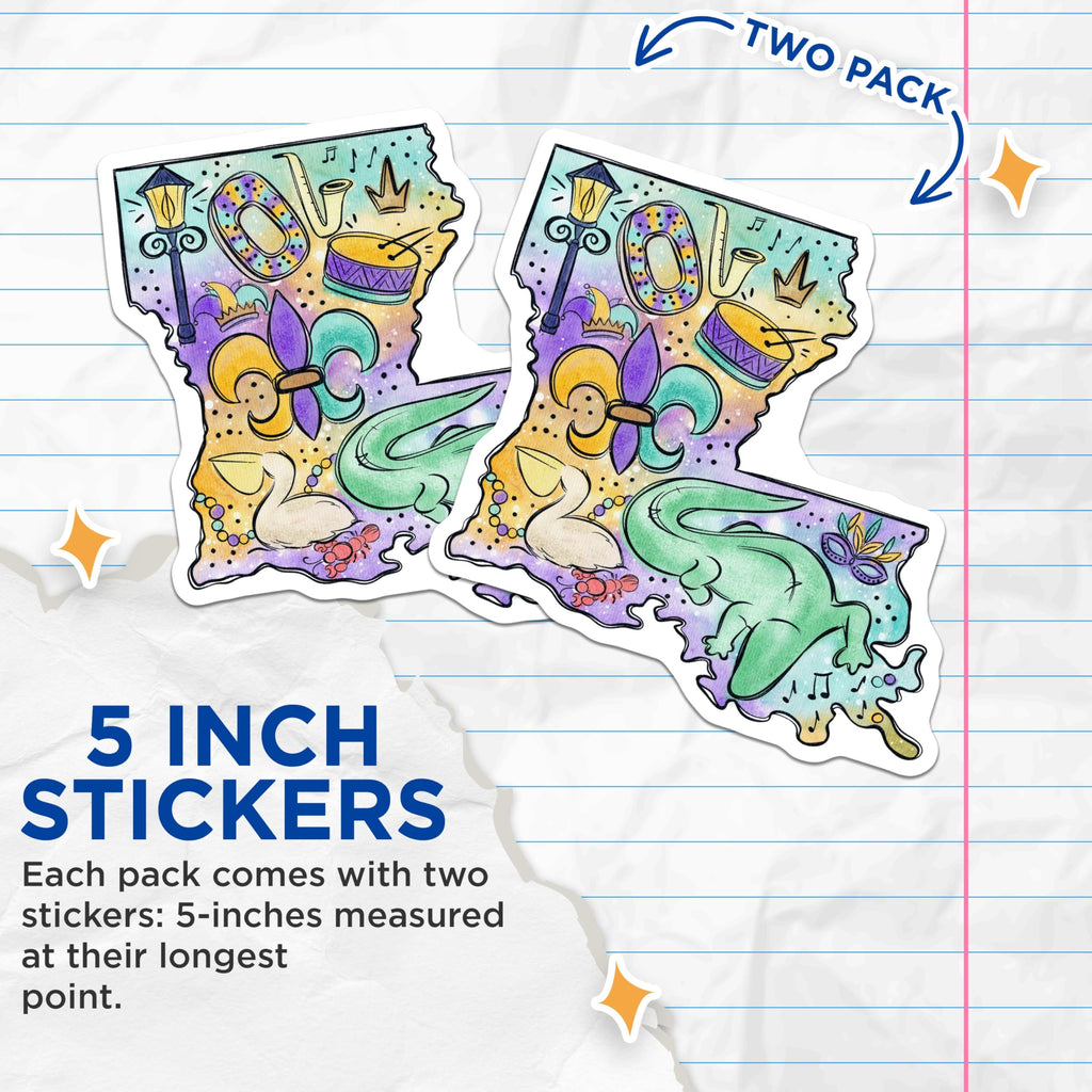 (2 Pack) Louisiana State Stickers - Mardi Gras - Colorful Alligator - Louisiana Decal - Carnival State - 5" On Longest Side - Sticks to Smooth Flat Surfaces - Made in USA - BMCS4129