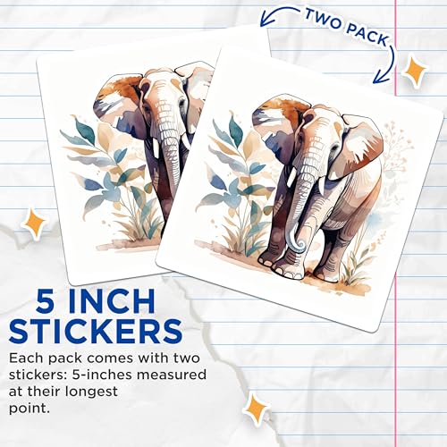 (2 Pack) Elephant Art Stickers - Cute African Wildlife Decor - 5" On Longest Side - Sticks to Smooth Flat Surfaces - Made in USA - BMCS8683 - BMCS8683