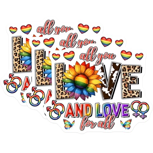 (3 Pack) LGBTQ Pride Decals - All You Need is Love - Rainbow Sunflower - Laptop Decal - 3 Inches On Longest Side - Easy Peel & Apply - Made in USA - 3MCS8428