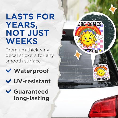 (2 Pack) Here Comes The Sun Stickers - Positive Vibes - Colorful Rainbow Sun - 5" On Longest Side - Sticks to Smooth Flat Surfaces - Made in USA - BMCS8832