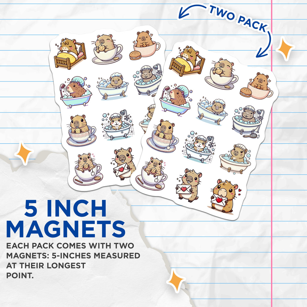 (2 Pack) Cute Capybara Magnets - Kawaii Animal Fridge Magnets - Cozy Bathtub Teacup Decor - Whimsical Locker Planner Accents - 5 Inches On Longest Side - Thick Durable Magnet - Made in USA - MAG36918