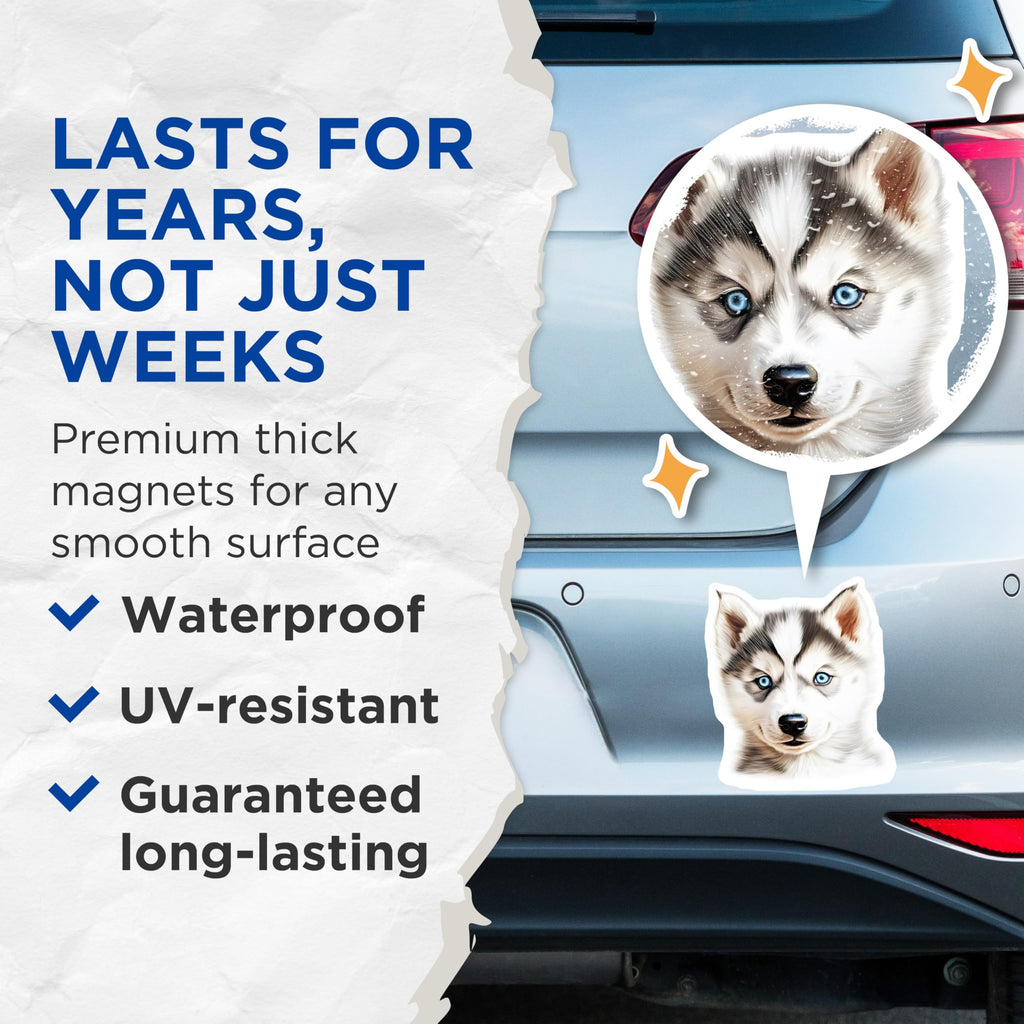 (2 Pack) Husky Puppy Magnets - Siberian Husky Decor - Blue Eyed Dog Art for Fridge - 5 Inches On Longest Side - Thick Durable Magnet - Made in USA - MAG27694
