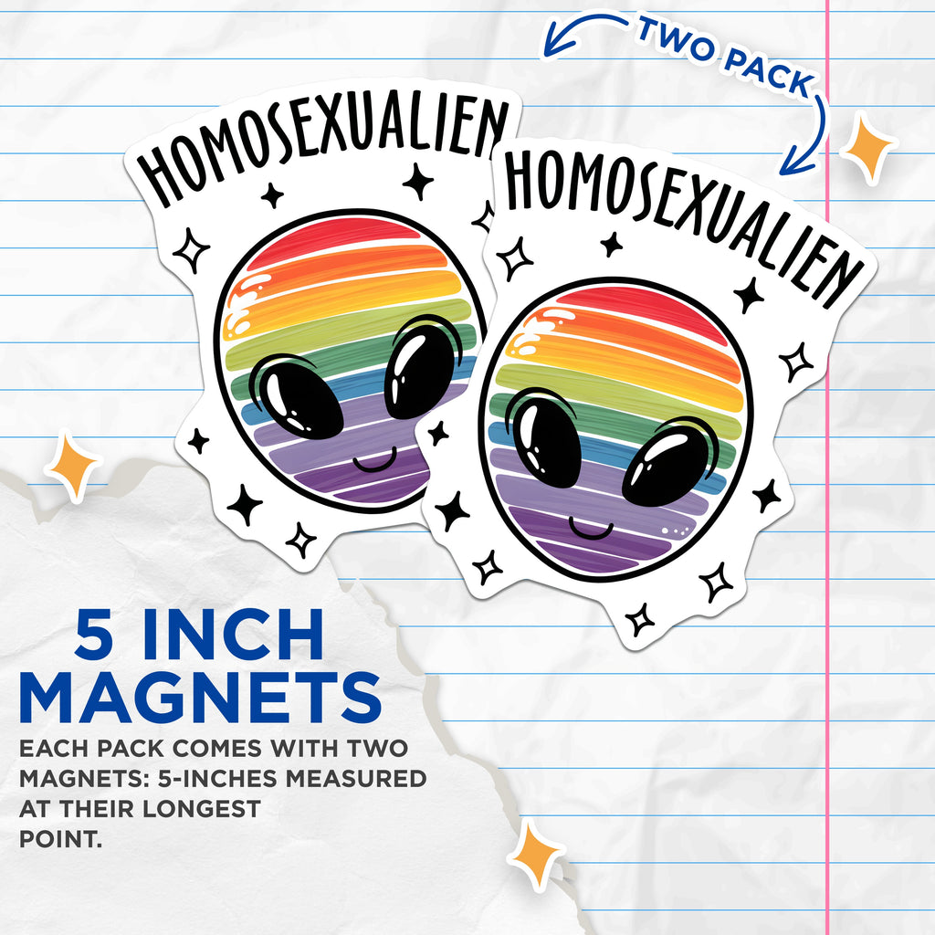(2 Pack) Homosexualien Magnets - LGBTQ Pride Alien Decor - Queer Affirmation Fridge Art - 5 Inches On Longest Side - Thick Durable Magnet - Made in USA - MAG38670