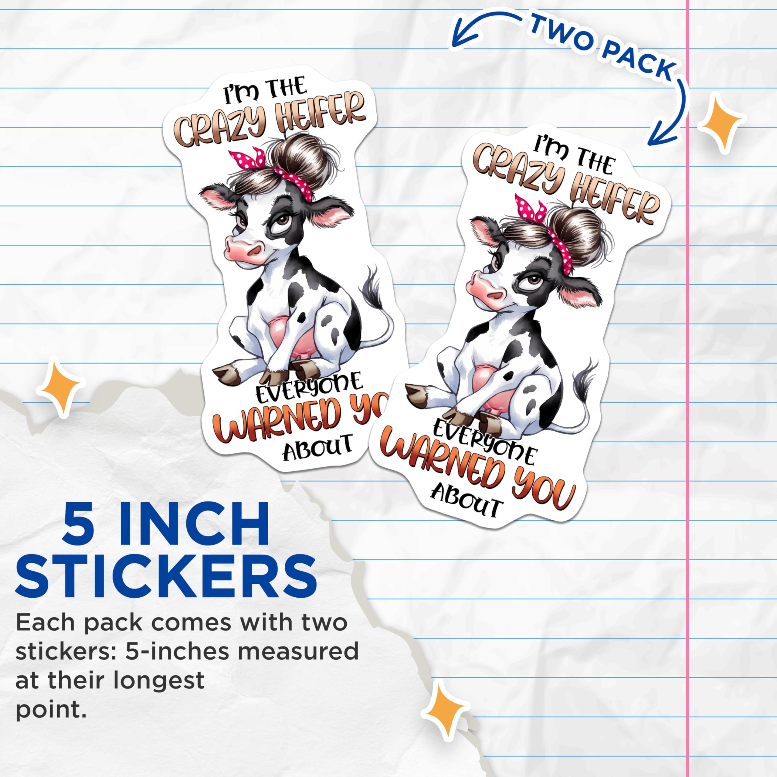 (2 Pack) Crazy Heifer Stickers - Funny Cow - Humorous Animal Decals - 5" On Longest Side - Sticks to Smooth Flat Surfaces - Made in USA - BMCS9803