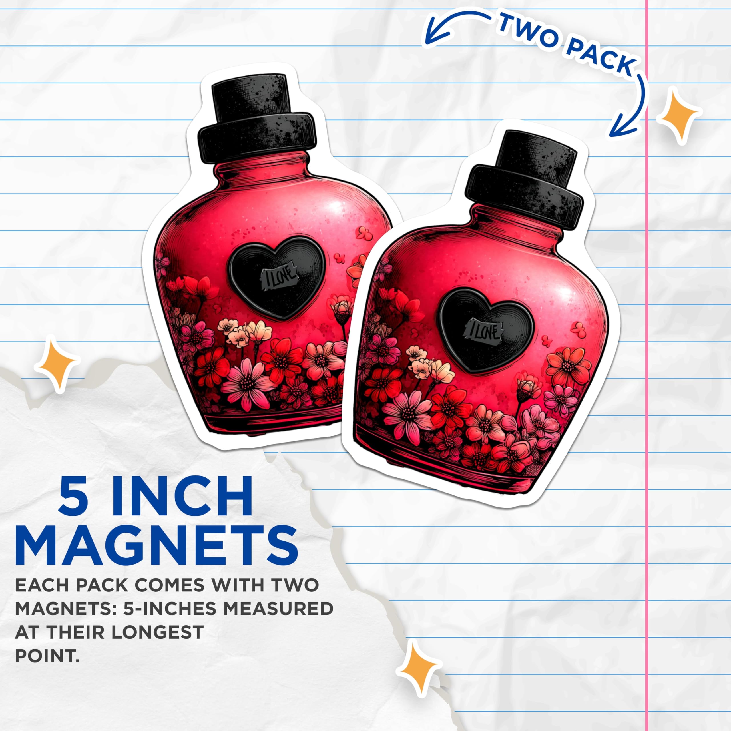 (2 Pack) Heart Love Potion Magnets - Romantic Floral Bottle - Sweetheart Couple Decor - Anniversary Valentine - 5 Inches On Longest Side - Thick Durable Magnet - Made in USA - MAG21386