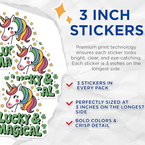 (3 Pack) Unicorn Decals - Lucky Magical Decal - Rainbow Unicorn - St Patricks Day - Laptop Decal - 3 Inches On Longest Side - Easy Peel & Apply - Made in USA - 3MCS2695