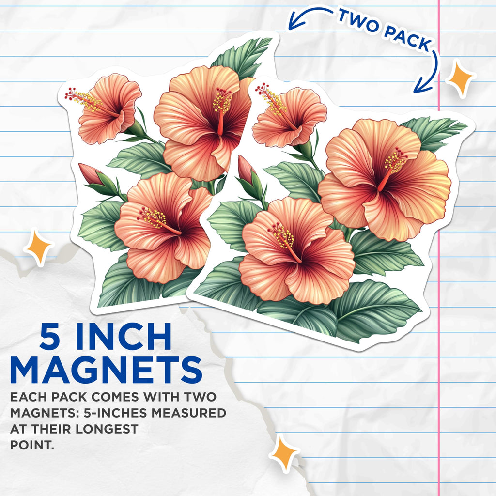 (2 Pack) Tropical Hibiscus Magnets - Summer Floral Fridge Magnets - Botanical Hawaiian Decor - 5 Inches On Longest Side - Thick Durable Magnet - Made in USA - MAG27708
