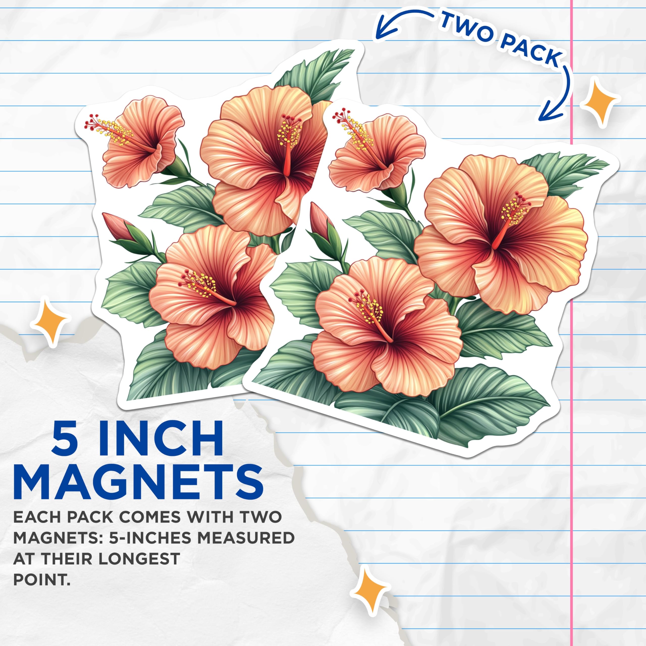 (2 Pack) Tropical Hibiscus Magnets - Summer Floral Fridge Magnets - Botanical Hawaiian Decor - 5 Inches On Longest Side - Thick Durable Magnet - Made in USA - MAG27708