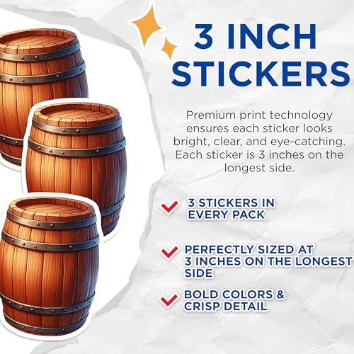(3 Pack) Wooden Barrel Decals - Rustic Decor Stickers - Laptop Art- 3 Inches On Longest Side - Easy Peel & Apply - Made in USA - 3MCS5420