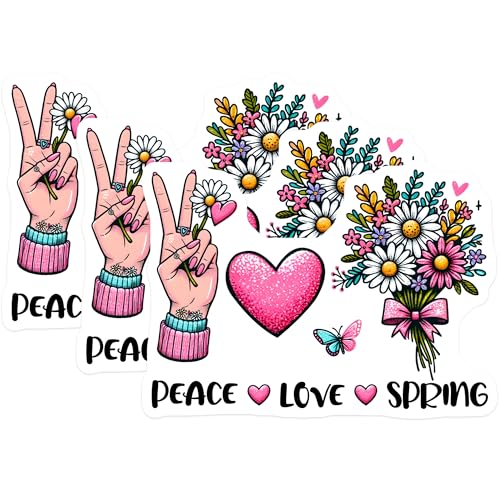 (3 Pack) Peace Love Spring Decals - Floral Heart Decal - Boho Aesthetic Decal - 3 Inches On Longest Side - Easy Peel & Apply - Made in USA - 3MCS6775