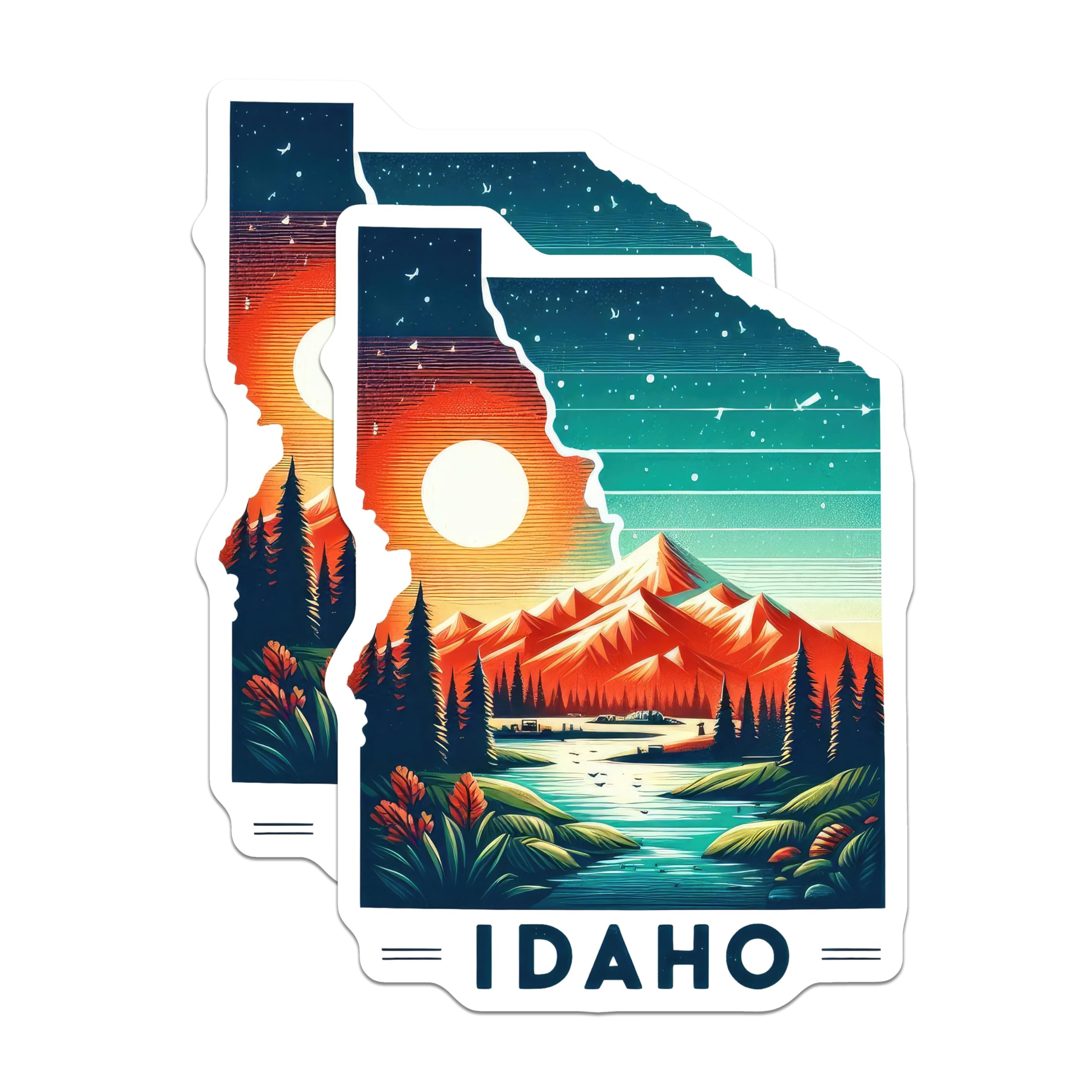 (2 Pack) Idaho Scenic Mountain Stickers - Nature Landscape - Travel Souvenir - Outdoor Adventure - 5" On Longest Side - Sticks to Smooth Flat Surfaces - Made in USA - BMCS5097