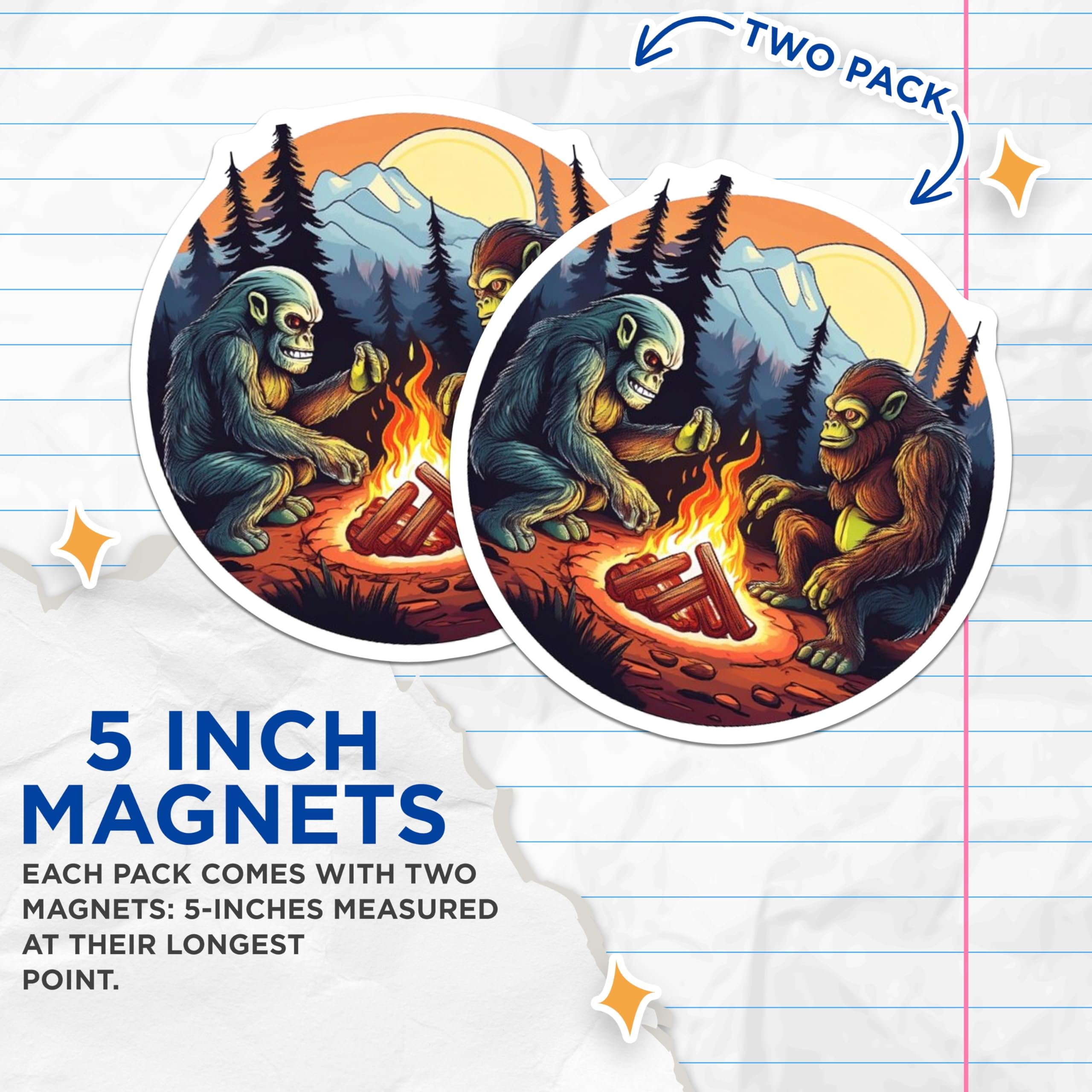 (2 Pack) Bigfoot Campfire Magnets - Sasquatch Forest Decor - Mountain Wilderness Art - Cryptid Lore Souvenir - 5 Inches On Longest Side - Thick Durable Magnet - Made in USA - MAG21650