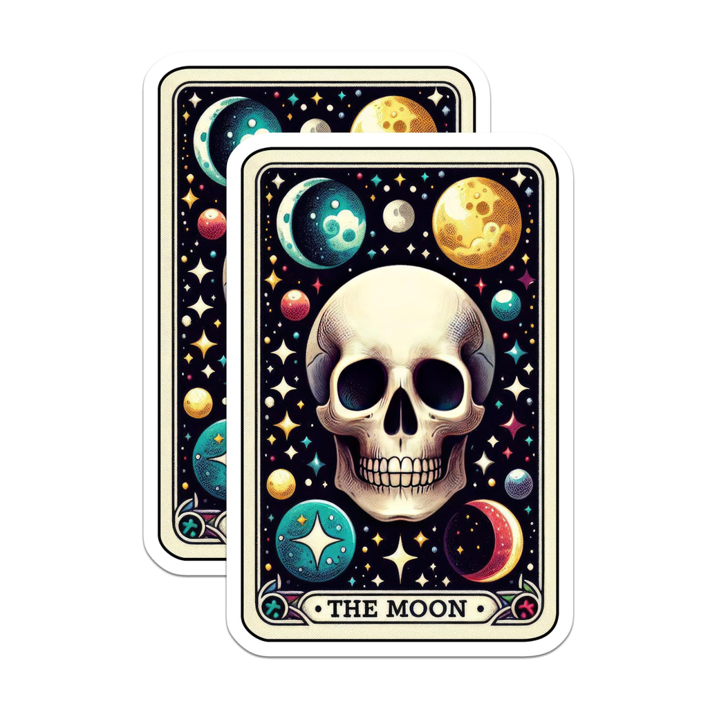 (2 Pack) Skull Moon Stickers - Gothic Skeleton Stickers - Tarot Card Stickers - Astrology Art Stickers - 5" On Longest Side - Sticks to Smooth Flat Surfaces - Made in USA - BMCS5460