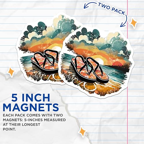 (2 Pack) Beach Sandals Magnets Magnets - Summer Vacation Decor - Scenic Beach Artwork - 5" On Longest Side - Made in USA - Sticks to Refrigerators & Metal Surfaces - MAG9315