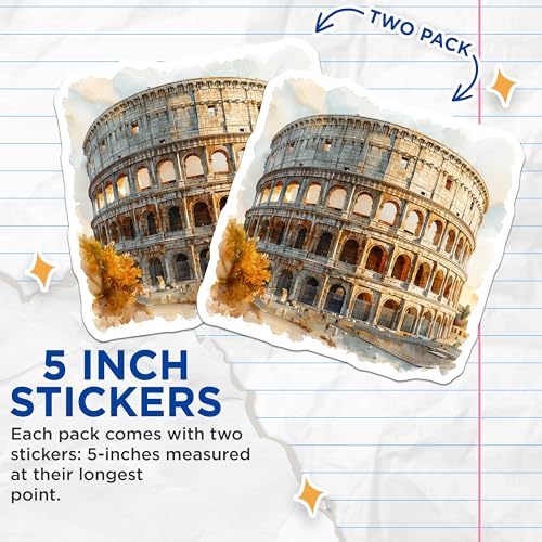 (2 Pack) Colosseum Stickers - Italy Landmarks - Travel Stickers - 5" On Longest Side - Sticks to Smooth Flat Surfaces - Made in USA - BMCS5185