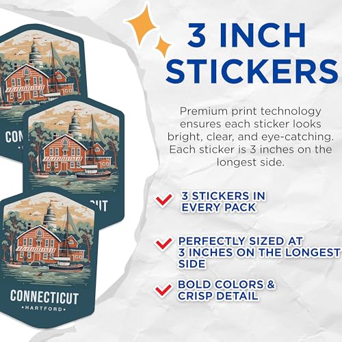 (3 Pack) Connecticut Decals - Hartford Travel Decal - New England Laptop Decal - 3 Inches On Longest Side - Easy Peel & Apply - Made in USA - 3MCS0348