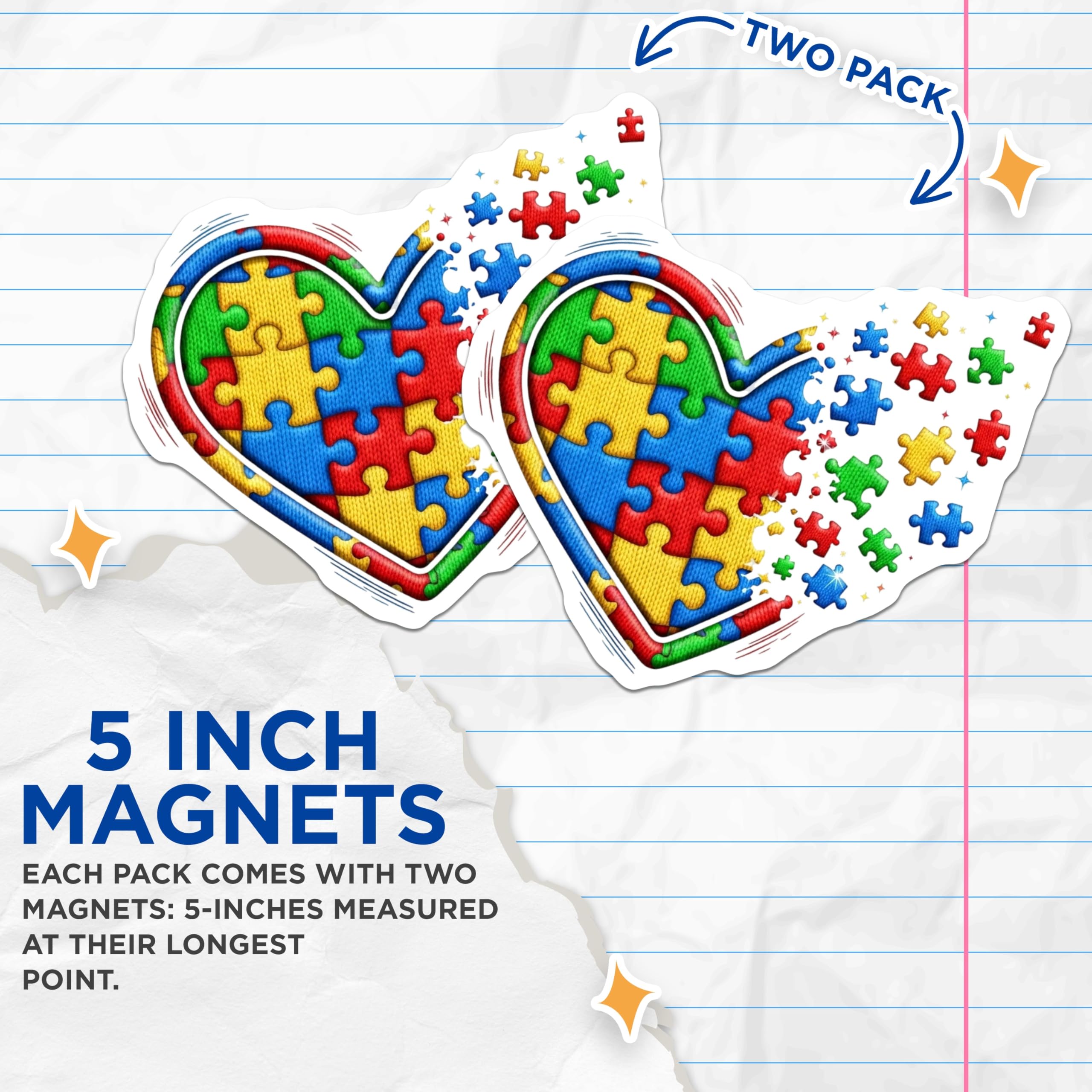 (2 Pack) Autism Awareness Magnets - Puzzle Heart Support - Neurodiversity Advocacy Decor - 5 Inches On Longest Side - Thick Durable Magnet - Made in USA - MAG21409