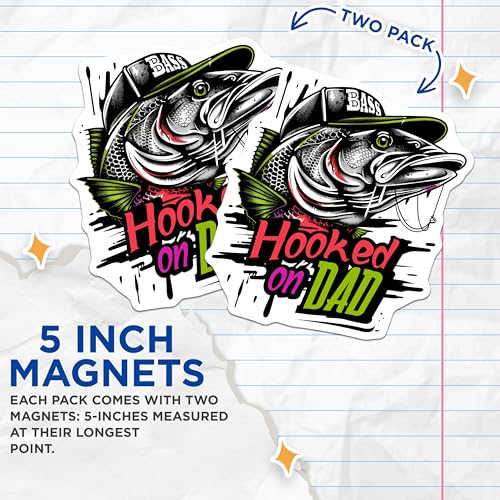 (2 Pack) Hooked on Dad Magnets - Father's Day Fishing Magnets - Bass Fishing Dad Magnets - 5" On Longest Side - for Cars, Refrigerators, Toolboxes, Lockers - Made in USA BMCS3492
