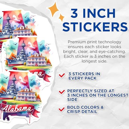 (3 Pack) Alabama Decals - Battleship USS Alabama - Southern State Pride- 3 Inches On Longest Side - Easy Peel & Apply - Made in USA - 3MCS5422