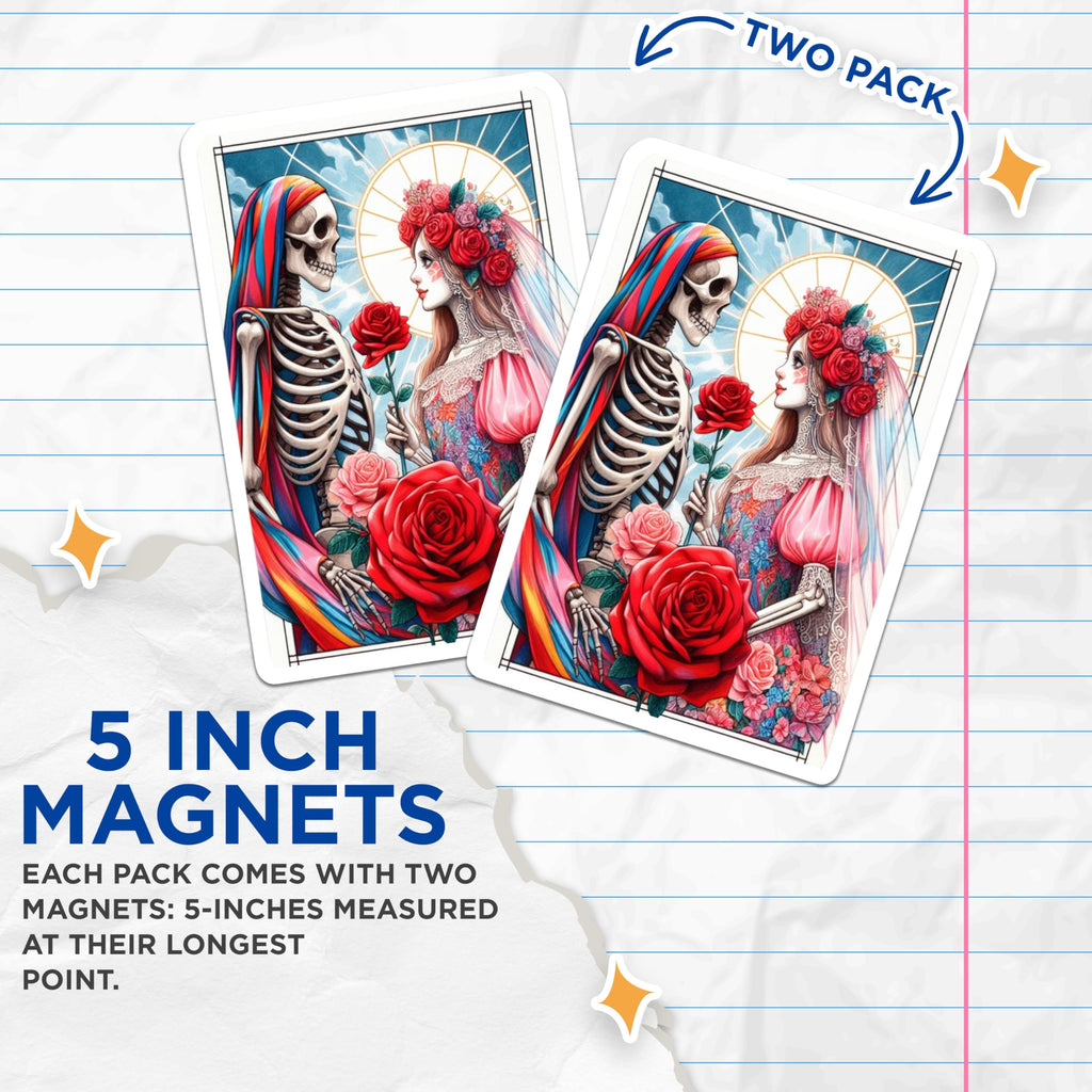 (2 Pack) Dia de Los Muertos Magnets - Vibrant Skeleton Woman Couple - Romantic Eternal Rose Art Fridge Locker Decorative - 5 Inches On Longest Side - Thick Durable Magnet - Made in USA - MAG22041
