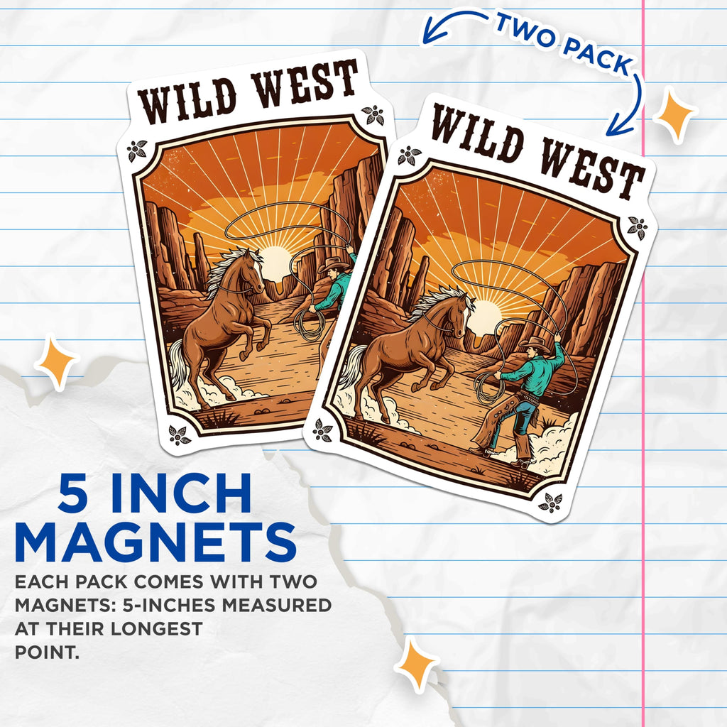 (2 Pack) Wild West Magnets - Cowboy Horse Art - Western Theme Home Decor - 5" On Longest Side - Premium Magnet - for Cars, Refrigerators, Toolboxes, Lockers - Made in USA - MAG15709