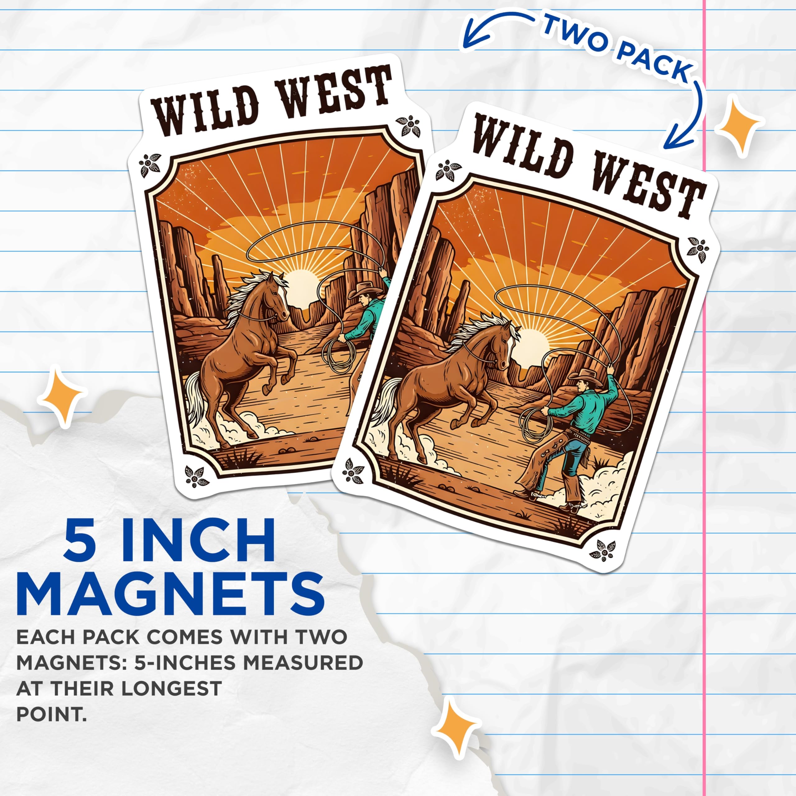 (2 Pack) Wild West Magnets - Cowboy Horse Art - Western Theme Home Decor - 5" On Longest Side - Premium Magnet - for Cars, Refrigerators, Toolboxes, Lockers - Made in USA - MAG15709