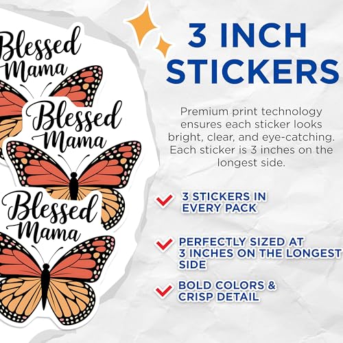(3 Pack) Blessed Mama Decals - Butterfly Laptop Decals - Mom Life Decorations - 3 Inches On Longest Side - Easy Peel & Apply - Made in USA - 3MCS2690