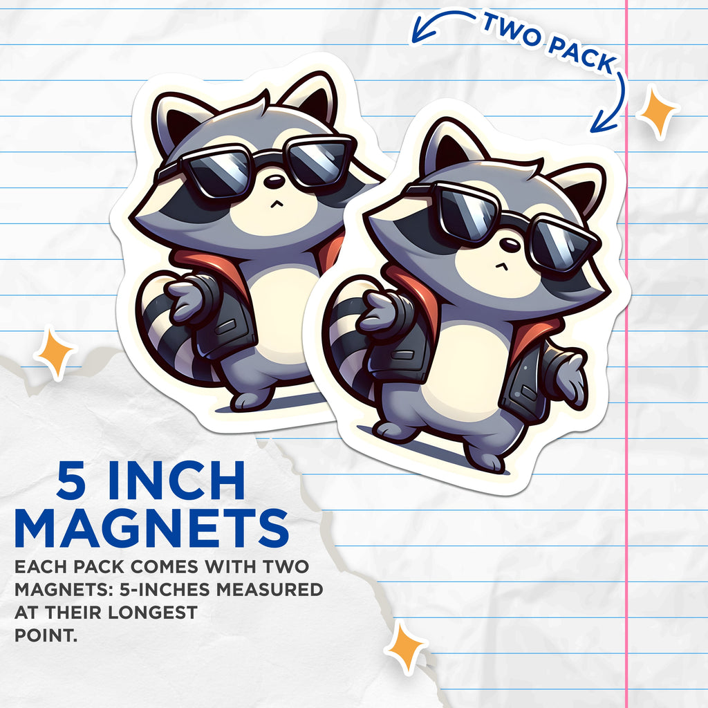 (2 Pack) Cool Raccoon Sunglasses Magnets - Chibi Animal Fridge Decor - Quirky Locker Whiteboard Art - 5 Inches On Longest Side - Thick Durable Magnet - Made in USA - MAG39625