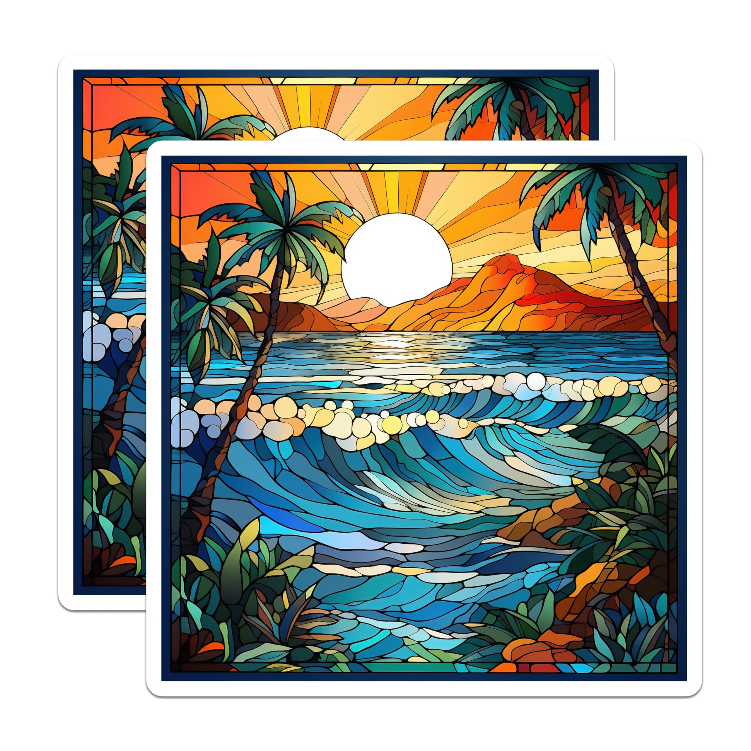 (2 Pack) Stained Glass Beach Magnets - Tropical Ocean Sunset Decor - Coastal Fridge Accessories - 5 Inches On Longest Side - Thick Durable Magnet - Made in USA - MAG29855