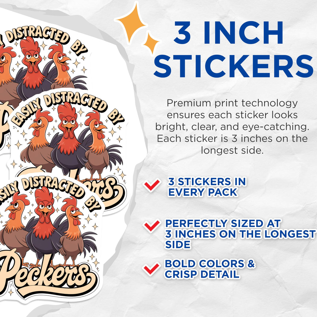(3 Pack) Easily Distracted Decals - Funny Chicken - Laptop Decal - Novelty Stickers - Chicken Lover - Cartoon Rooster- 3 Inches On Longest Side - Easy Peel & Apply - Made in USA - 3MCS5715