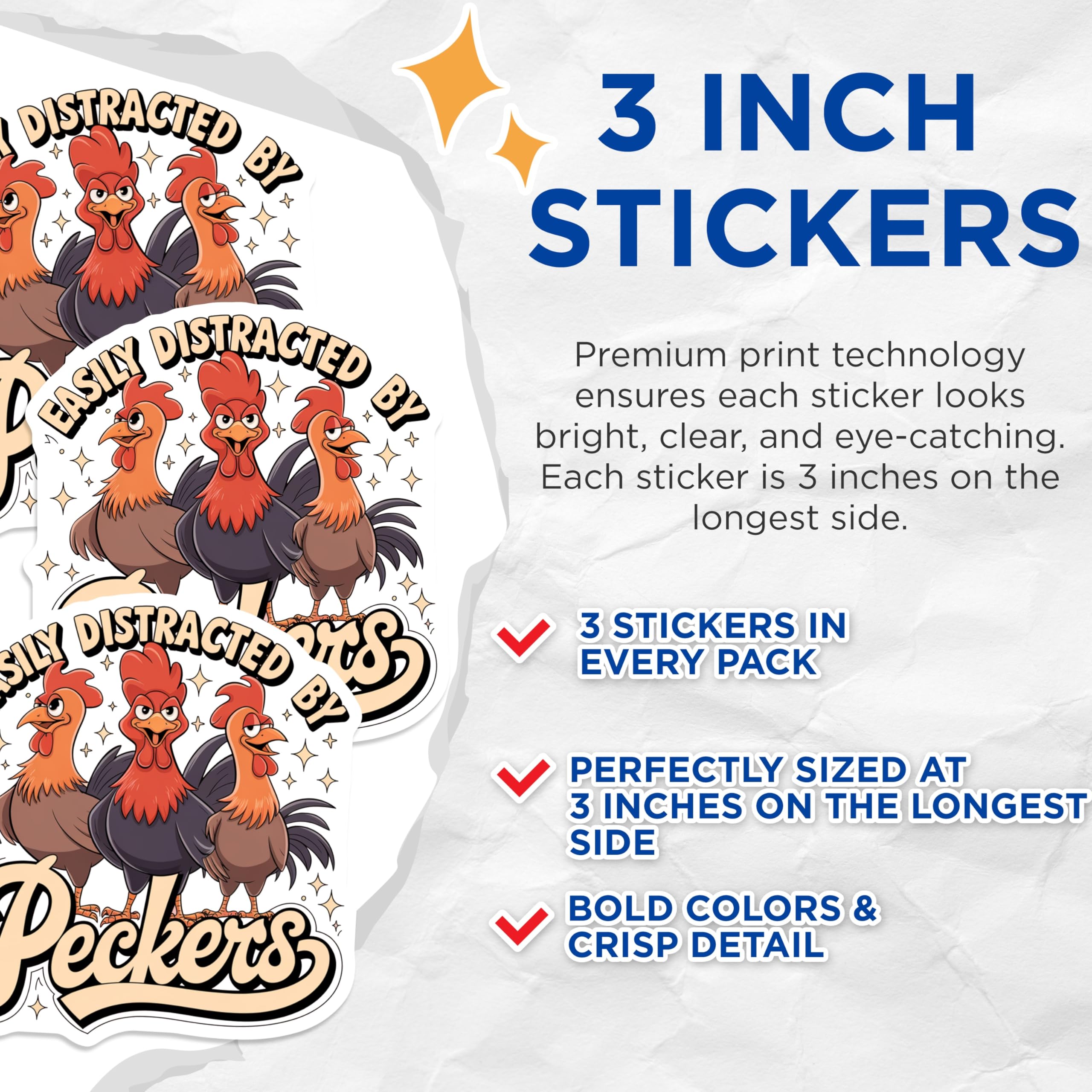 (3 Pack) Easily Distracted Decals - Funny Chicken - Laptop Decal - Novelty Stickers - Chicken Lover - Cartoon Rooster- 3 Inches On Longest Side - Easy Peel & Apply - Made in USA - 3MCS5715