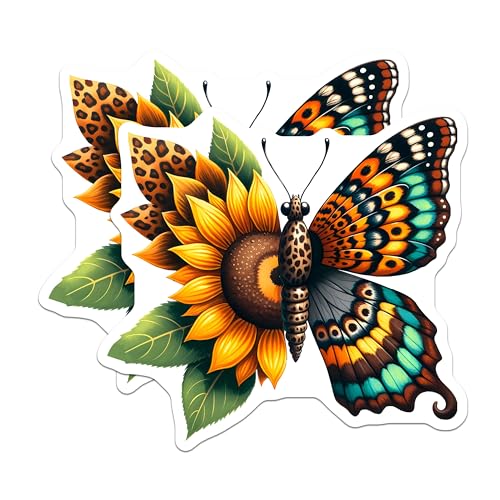 (2 Pack) Colorful Butterfly and Sunflower Stickers - Nature Inspired - Bright Floral Butterfly - 5" On Longest Side - Sticks to Smooth Flat Surfaces - Made in USA - BMCS7976
