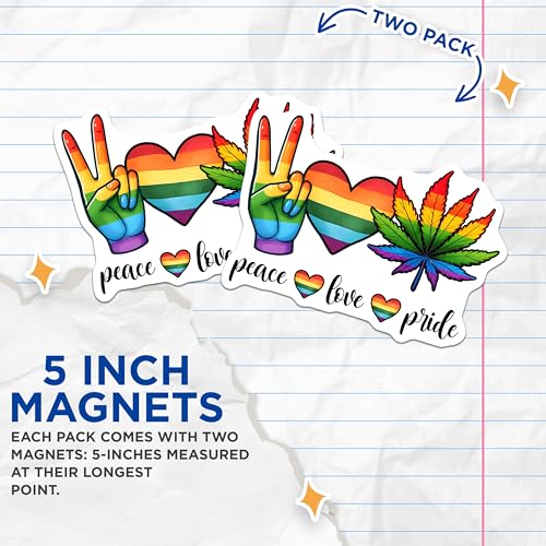 (2 Pack) Peace Love Pride Magnets - LGBTQ+ Decor - Pride Month Decoration - 5" On Longest Side - for Cars, Fridges, Toolboxes - Made in USA - MAG8283