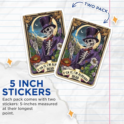 (2 Pack) Funny Skeleton Stickers - Dark Humor Stickers - Gothic Art Stickers - 5" On Longest Side - Sticks to Smooth Flat Surfaces - Made in USA - BMCS4863