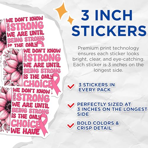 (3 Pack) Breast Cancer Awareness Decals - Pink Ribbon Support - Sunflower Strong Message - 3 Inches On Longest Side - Easy Peel & Apply - Made in USA - 3MCS4590