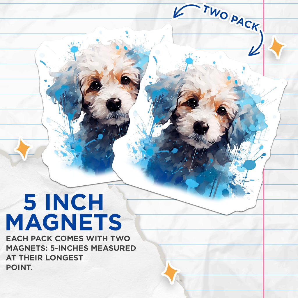 (2 Pack) Cute Puppy Dog Magnets - Watercolor Pet Art - Blue Paint Splatter Animal Lover Decor - 5 Inches On Longest Side - Thick Durable Magnet - Made in USA - MAG27339