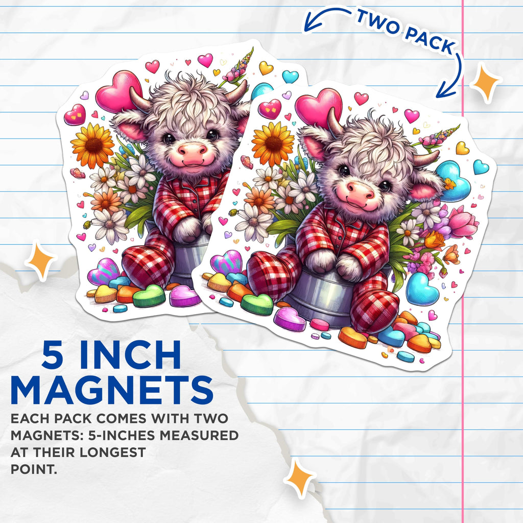 (2 Pack) Highland Cow Magnets - Cute Cow in Pajamas - Floral Heart Magnets - 5" On Longest Side - Premium Magnet - for Cars, Refrigerators, Toolboxes, Lockers - Made in USA - MAG16407