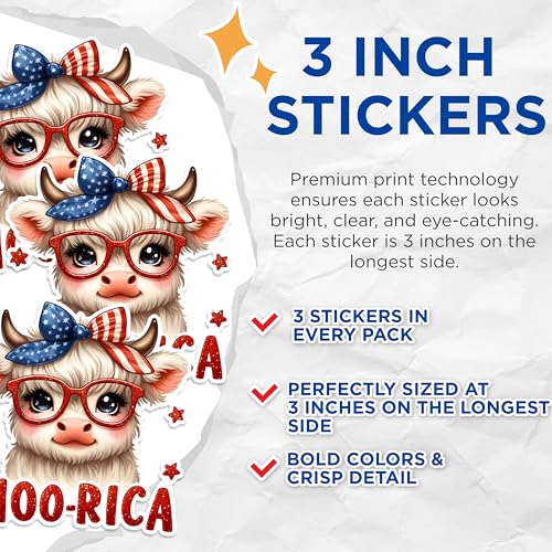 (3 Pack) Patriotic Cow Decals - Moo Rica - Fourth of July Decorations - 3 Inches On Longest Side - Easy Peel & Apply - Made in USA - 3MCS1541