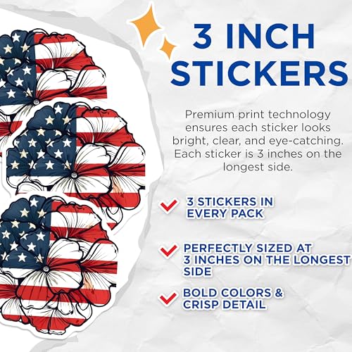 (3 Pack) Flower American Flag Decals - Patriotic Decal - USA Flag Decal - 3 Inches On Longest Side - Easy Peel & Apply - Made in USA - 3MCS7758