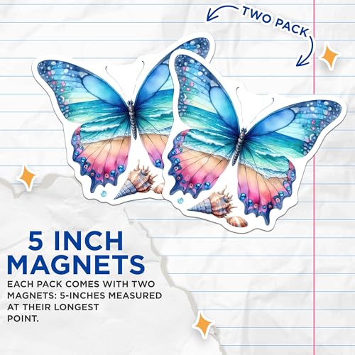 (2 Pack) Butterfly Art Magnets - Beach Themed Butterfly Decor - Coastal Home Fridge Magnets - 5" On Longest Side - for Cars, Fridges, Toolboxes - Made in USA - MAG7276