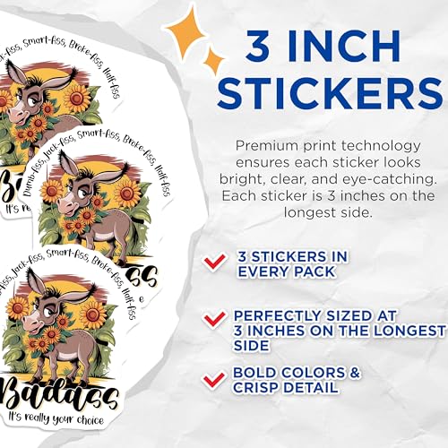 (3 Pack) Badass Donkey Decals - Funny Sarcastic Quote - Floral Laptop Decal - 3 Inches On Longest Side - Easy Peel & Apply - Made in USA - 3MCS2111
